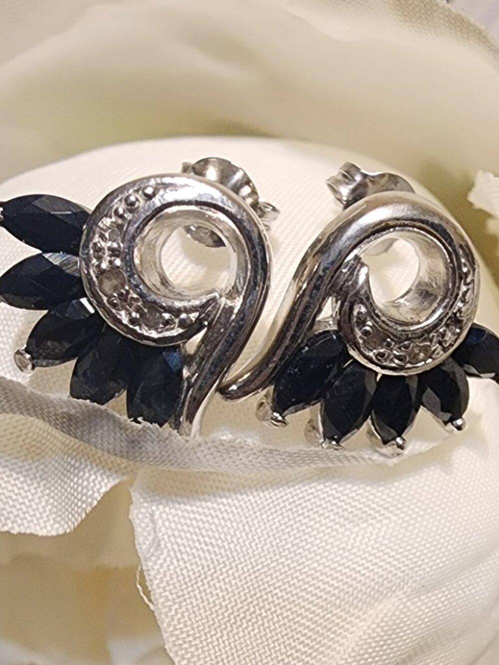Sapphire Diamond Petal Earrings Rhodium Over Sterling Silver Floral Stud Earring